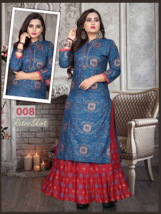 Aagya Retro Skirt 2 Rayon Printed Ethnic Wear Kurti With Skirt Collection